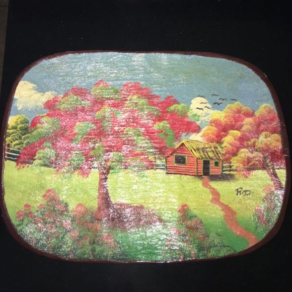Handpainted Fall Foliage Trees Cabin Landscape Handcarved Wood Wall Decor - Picture 1 of 4